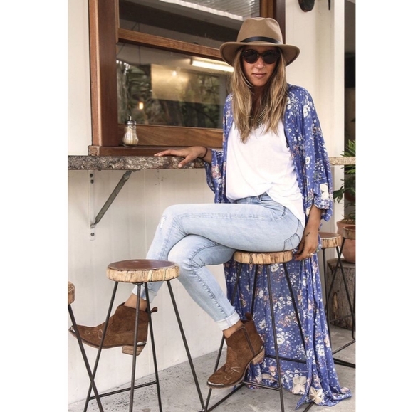 Rare Spell Designs Blue Sundancer Maxi Kimono Duster OS floral embroidered robe - Picture 6 of 17